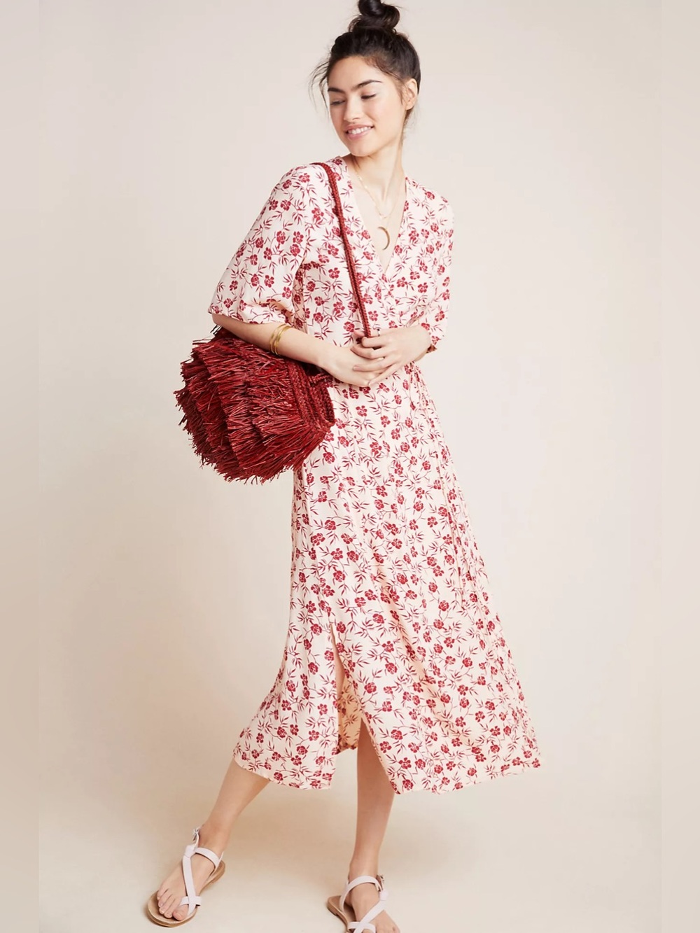 Faithfull The Brand Anthropologie Wrap Dress Pink Floral Cottage Midi Size 8/L